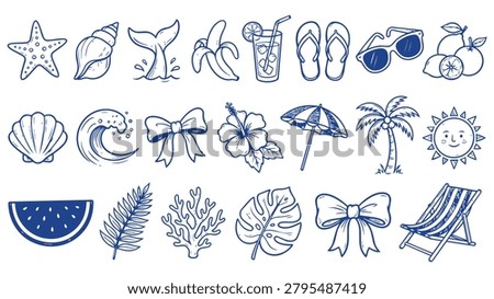 Summer Beach Doodle Element Collection Featuring Seashell Starfish Palm Tree Sunglasses Umbrella Tropical Leaves and Coastal Vacation Icons
