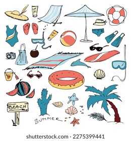 Summer beach doodle elements hand-drawn. Beach collection. Vector illustration 