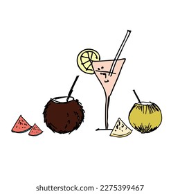 Summer beach doodle elements hand-drawn. Beach food collection. Vector illustration 
