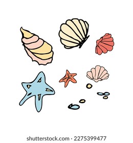 Summer beach doodle elements hand-drawn. Beach collection. Vector illustration.Shell