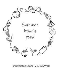 Summer beach doodle elements hand-drawn. Beach collection. Vector illustration 
