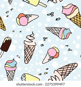 Summer beach doodle elements hand-drawn. Beach food collection. Vector illustration. Pattern ice cream