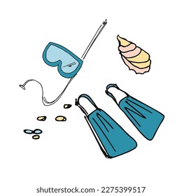 Summer beach doodle elements hand-drawn. Beach collection. Vector illustration 