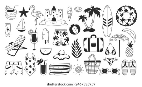 Summer Beach Doodle Elements Set. Summertime hand drawn outline icons collection. Relax rest vacation holidays concept design. Cartoon line style. Vector illustration