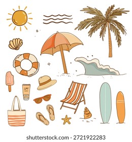 Verão praia doodle elementos conjunto com palma, guarda-chuva e pranchas de surfe