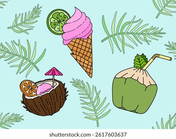 Summer beach doodle of green coconut ice, sour coconut ice cream lime and citrus coconut dissert for tropical party beverages with coconut leaves. Can be used for children books, backgrounds, banners