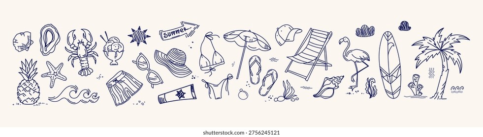 Summer beach doodle set with hand drawn vacation icons for travel branding packaging cards posters social media design tourism ads tropical projects and creative business use.Vector illustration