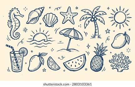 Summer beach doodle set, hand drawn collection of tropical elements, sea life, fruits, and vacation items, vector illustration