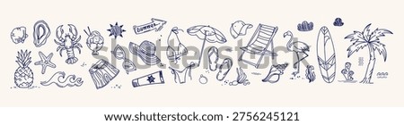 Summer beach doodle set with hand drawn vacation icons for travel branding packaging cards posters social media design tourism ads tropical projects and creative business use.Vector illustration