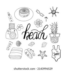 Summer beach doodle set with pineapple, hat, camera, flowers