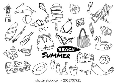 Summer beach doodle set. Water sports, relax and tropical holiday objects. Vector illustration on white background. Summertime holidays, journey, traveling, beach tourism.