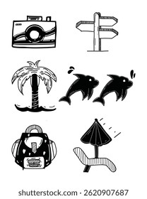 Summer beach doodle vector set in hand-drawn style with tropical elements