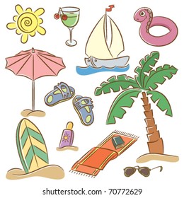 Summer beach doodles icons isolated on white background