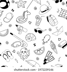 Summer beach doodles seamless pattern. Vector illustration of summer vacation elements. Black and white pattern