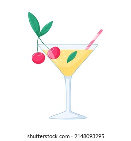 Summer beach drink with cherry berries in a transparent cocktail glass with a straw and leaves. Useful beverage in cartoon style on a white background. Vector illustration