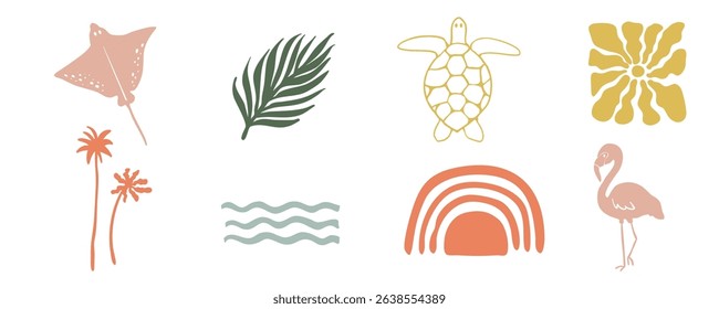 summer beach element object with rainbow,turtle,sun,flamingo
