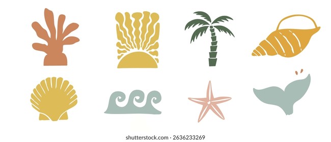 summer beach element object with shell,sun,wave,tail fish,tree