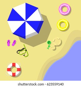 Summer beach element. Beach trip. Top view in flat style.
