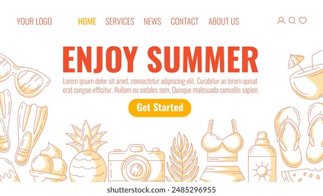 Summer beach elements and accessories, monochrome orange minimalist style. Sunglasses, flippers, pineapple, camera, coconut cocktail. Landing page vector template for website, web, online, banner