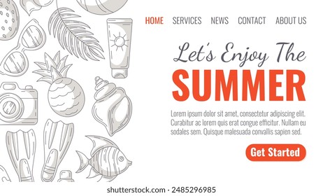 Summer beach elements and accessories, monochrome minimalist style. Sunglasses, pineapple, camera, flippers, seashell and sunscreen, fish. Landing page vector template for website, web, online, banner