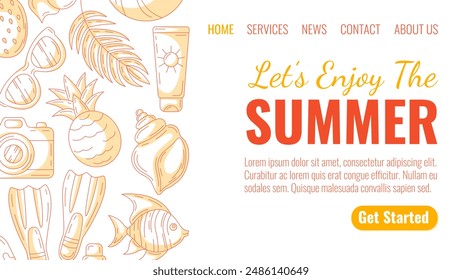 Summer beach elements and accessories, monochrome minimalist style. Sunglasses, pineapple, camera, flippers, seashell and sunscreen, fish. Landing page vector template for website, web, online, banner