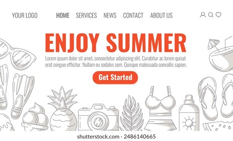 Summer beach elements and accessories, monochrome gray minimalist style. Sunglasses, flippers, pineapple, camera, coconut cocktail. Landing page vector template for website, web, online, banner