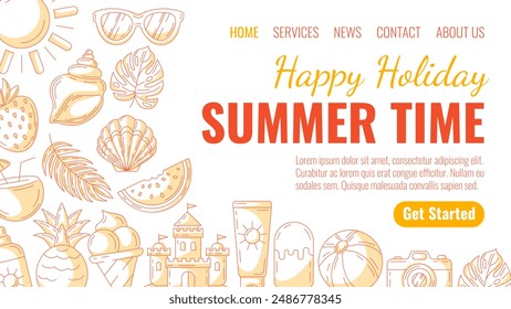 Summer beach elements and accessories, monochrome orange style. Sun, seashell, watermelon, sand castle, camera, pineapple, coconut cocktail. Landing page vector template for website, online, banner