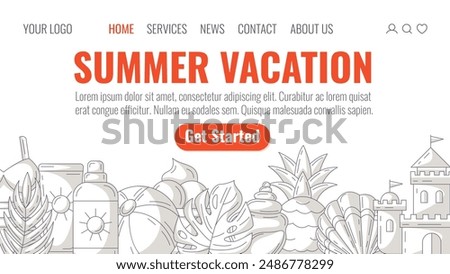 Summer beach elements and accessories, monochrome gray minimalist style. Sunscreen, inflatable ball, seashell, pineapple, sand castle. Landing page vector template for website, web, online, banner