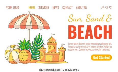 Elementos de playa de verano y accesorios bajo una sombrilla. Bola inflable, piña, castillo de arena, hoja tropical. Landing page Plantilla de Vector para Sitio web, Web, en línea, Anuncio, agencia de viajes, turismo