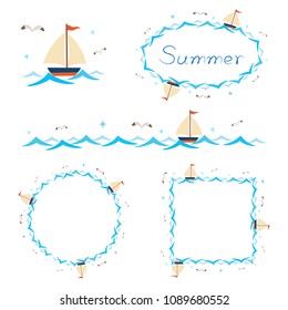 Summer beach elements border frame set
