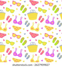 Summer beach elements in cartoon seamless pattern. Swimsuits, sandals, sunglasses, and bags on white background.