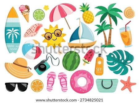 Summer beach Elements clipart set. Colorful summer Elements clip art like surfboard, beach ball, umbrella, fruits and ice cream for holiday vacation element collection vector illustration.
