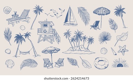 Summer beach elements. Coastal vacation drawings. Hand drawn illustration of palm trees, boat and shells. Graphic background.