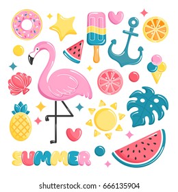 Summer beach elements collection. Balloons set. Flamingo, ice cream, watermelon, sun, monstera, pineapple. Vector illustration