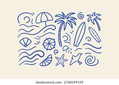 Summer beach elements doodle collection with palm tree hand drawn surfboard umbrella starfish seashell vacation illustration collection background isolated minimalist tropical