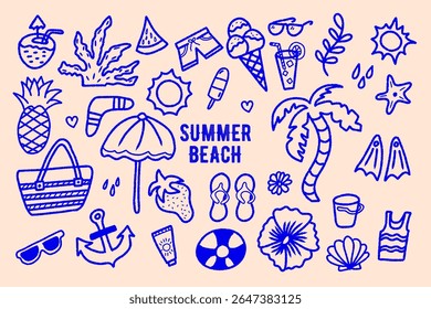 Summer beach elements in doodle style vector illustration, summer vacation elements with beach umbrella and sun , Cute holiday illustration set,doodle line icons featuring tropical beach scenes 