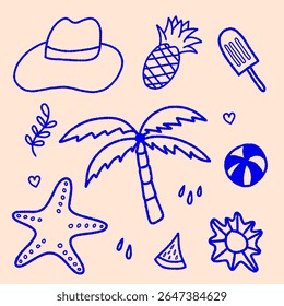 Summer beach elements in doodle style vector illustration, summer vacation elements with beach umbrella and sun , Cute holiday illustration set,doodle line icons featuring tropical beach scenes