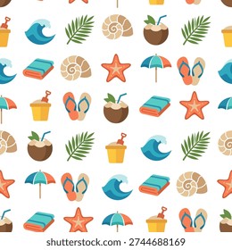 Summer Beach Elements Flat Vector Set for Seamless Pattern