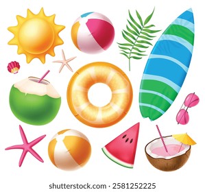 Summer beach elements icon clipart set. Summer tropical element clip art collection with colorful objects like surfboard, floaters, coconut juice and sun graphic symbol vector illustration.
