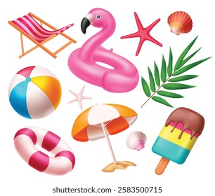 Summer beach elements icon clipart set. Summer tropical element clip art collection with colorful objects like beach chair, floaters, sea shell, starfish, umbrella and ice cream. Vector illustration. 