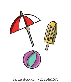 Summer, beach elements, object. Beach ball, ice cream stick and parasol. Hand drawn cartoon style colorful set vector illustration isolated on white background.