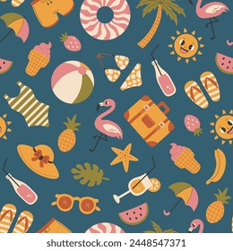 Summer beach elements seamless pattern vintage style. Summertime repeat vector illustration with retro colors and accessories. Colorful vacation ornament decoration