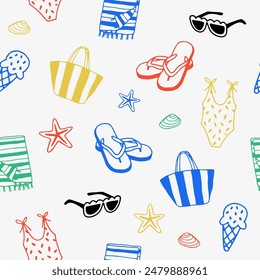 Sommerstrand Elemente nahtlose Muster, bunte Vektorgrafik Flip-Flops, Tragetasche, Eis, Sonnenbrille, Badebekleidung und Muscheln