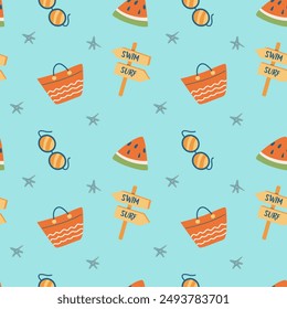 Summer beach elements seamless pattern. Childrens fashion background. Tropical fruits and accessories. Cute summer beach endless background.