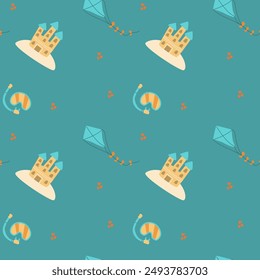 Summer beach elements seamless pattern. Childrens fashion background. Tropical fruits and accessories. Cute summer beach endless background.