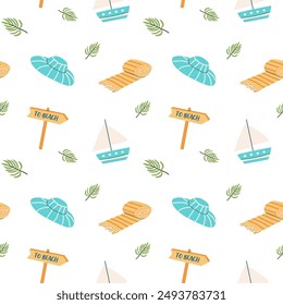 Summer beach elements seamless pattern. Childrens fashion background. Tropical fruits and accessories. Cute summer beach endless background.