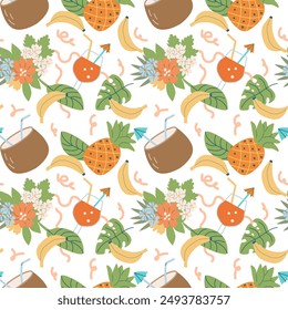 Summer beach elements seamless pattern. Childrens fashion background. Tropical fruits and accessories. Cute summer beach endless background.