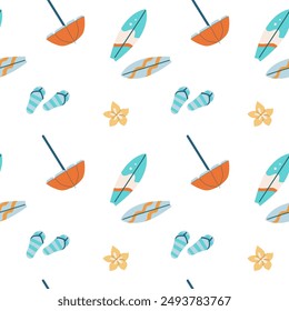 Summer beach elements seamless pattern. Childrens fashion background. Tropical fruits and accessories. Cute summer beach endless background.