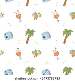 Summer beach elements seamless pattern. Childrens fashion background. Tropical fruits and accessories. Cute summer beach endless background.
