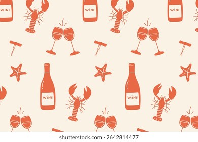 Summer beach elements seamless pattern with lobster, deckchair, surfboard and sun doodle